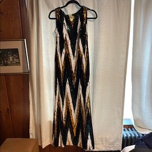 Badgley Mischka Elegant Sequin Chevron Dress - Black, Gold, Green